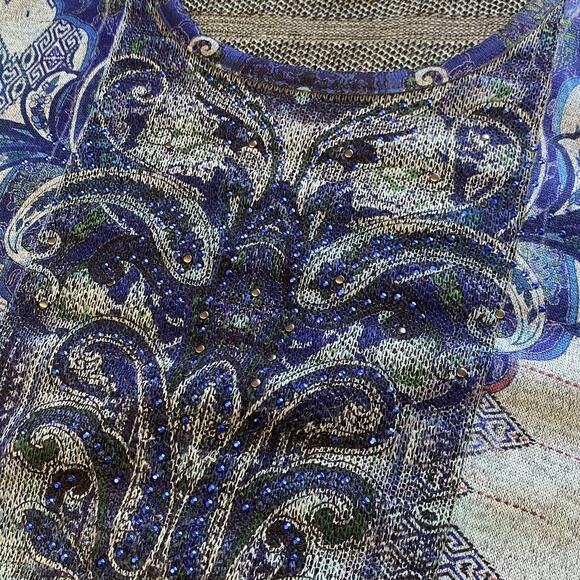 One World Womens Top 2X Green Shark Bite Tunic 3/4 Sleeve Round Neck Rhinestone - Picture 5 of 9